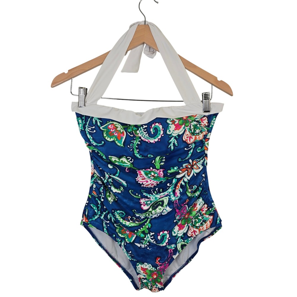 Lauren Ralph Lauren Blue Paisley Floral Ruched Halter One Piece Swimsuit Size 6